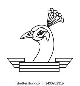 peacock bird with ribbon icon cartoon isolated in black and white vector illustration graphic design