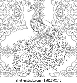 Peacock bird seamless pattern, background. Outline hand drawing vector illustration. Coloring page for the adult coloring book.