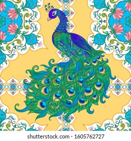Peacock bird seamless pattern, background. On aspen yellow background