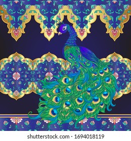 Peacock bird seamless pattern, background. On dark blue background..
