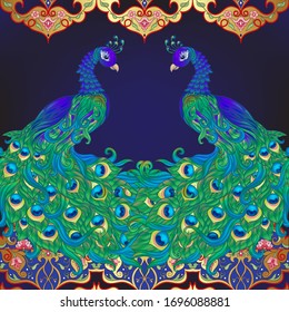 Peacock bird seamless pattern, background. On dark blue background..
