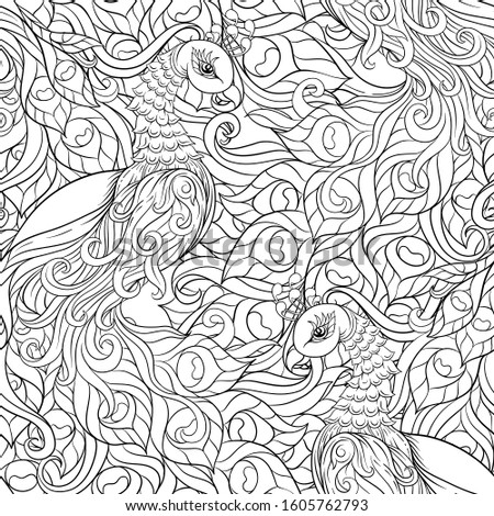 Peacock bird seamless pattern, background. Outline hand drawing vector illustration. Coloring page for the adult coloring book.