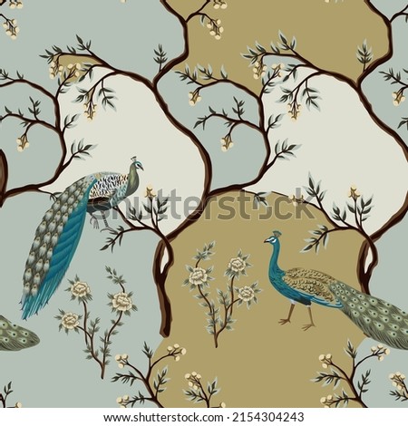 Peacock bird, tree  abstract floral pattern. Exotic oriental wallpaper.