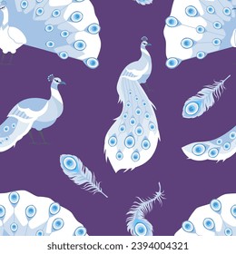 Peacock birds and feathers seamless pattern on dark background. Flat vector illustration design for textile, fabric, wrapper, packaging.
