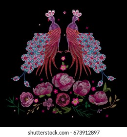 Peacock, bird.Traditional folk stylish stylish embroidery on the black background. Sketch for printing on clothing, fabric, bag, accessories and design. Vector, trend