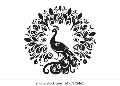 Peacock Black and white vector, Silhouette illustration logo