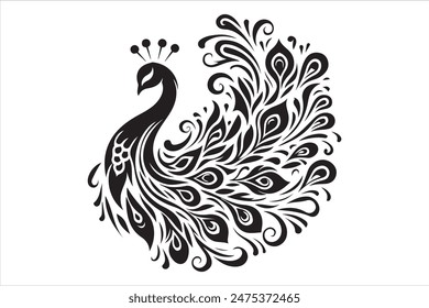 Peacock Black and white vector, Silhouette illustration logo