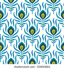 Peacock blue and green seamless vector pattern. Peafowl bird feathers tileable print for textile or wrap paper.