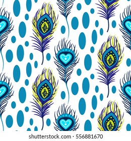 Peacock blue and green seamless vector pattern. Peafowl feathers tileable print for textile or wrap paper.