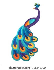 Peacock with bright feathers and amazing long tail isolated vector illustration on white background. Wonderful bird, one of symbols of India.