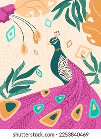 Peacock with bright tail print. Bird in garden with exotic leaves, tropical flowers. Creative vector illustration on beige background with rhomb graphics and lines. Beautiful fashion animal.