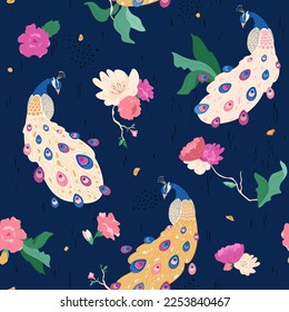 Peacock with bright tail, tropical flowers, leaves. Seamless pattern with bird in fairy floral garden. Creative vector illustration on dark blue background with graphics and lines. Blossom beauty. 