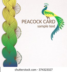 Peacock card with hand-drawn elements.