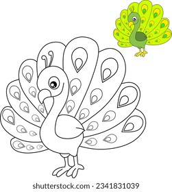 Peacock cartoon bird for coloring book page 