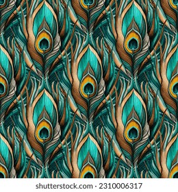 Pluma de color de pavo real, plumaje de cola de ave macho vector de diseño sin fisuras de patrón vívido. Impresión textil interior con plumas de pavo real en colores turquesa y dorado.