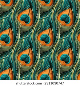 Peacock colorful feather, male bird tail plumage vector seamless pattern vivid design. Interior textile print with peacock feathers in turquoise and gold colors.