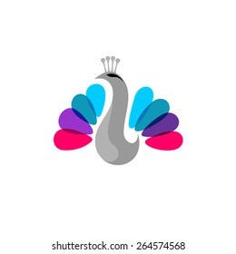 Peacock colorful logo template. Overlaid tail feathers. Transparency are flattened.