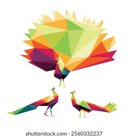 Peacock colorful polygonal logo set. peacock with flared tail in colorful abstract low poly vector collection. peacock bird vector good for kids animal book.