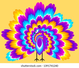 Peacock with colorful tail. Optical expansion illusion. 