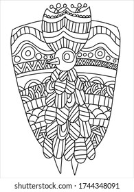 Pfauenfarbseite Bestandsvektorbild. Cartoon stilisierte Wildvogel. Schwarze Umrandung in Weiß isoliert. Grafische Schmuckdoodle Peruschel. Elegante Konturskizze von Wildvögeln. Eine von einer Serie.