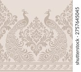 Peacock damask ornament with royal peacock damask ornament design for exquisite peacock damask ornament fabric and wallpaper. vector illustration.