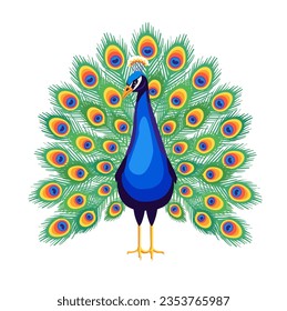 Demostración de pavo real. El pájaro hinchó su cola con un hermoso plumaje, plumas decorativas de pavo real, aislado en fondo blanco, ilustración vectorial.