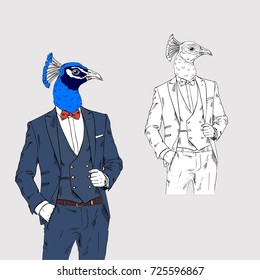 peacock dressed up in classy style, anthropomorphic illustration, fashion animals