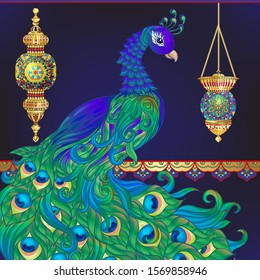 Peacock and eastern ethnic motif, traditional muslim ornament. Template for wedding invitation, greeting card, banner, gift voucher, label. Colored vector illustration in gold and blue.