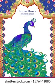 Peacock and eastern ethnic motif, traditional muslim ornament. Template for wedding invitation, greeting card, banner, gift voucher, label. Colored vector illustration in gold and blue.