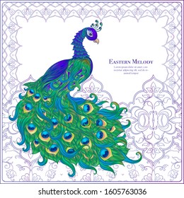 Peacock and eastern ethnic motif, traditional muslim ornament. Template for wedding invitation, greeting card, banner, gift voucher, label. Colored and outline design. Vector illustration..