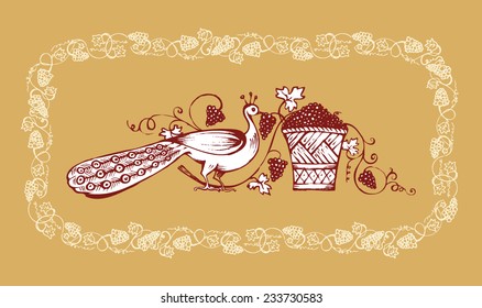 peacock eats grapes from wicker basket illustration in a decorative frame
