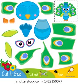 Peacock. Education paper game for preshool children. Vector illustration.