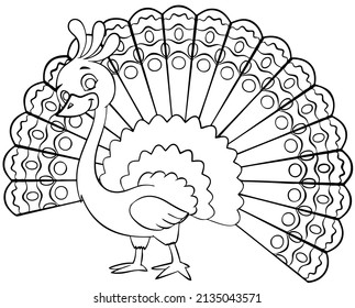 Pavo real. Elemento para colorear página. Estilo de caricatura.