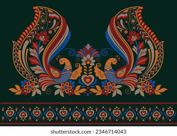 Borde de pavo real sobre fondo negro. Patrón geométrico étnico oriental tradicional. ilustración de estilo.diseño para textura, tela, ropa, envoltura, decoración, sarong.