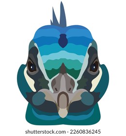 Peacock face. An illustration of the muzzle of a beautiful bird is depicted. Bright portrait on a white background. Vector graphics. feathered logo