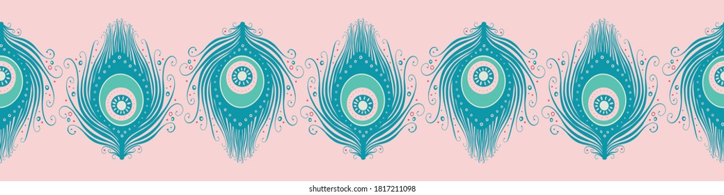 Peacock feather banner design in teal and pink. Vector seamless repeat exotic bird feathers border.