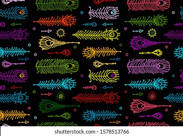 Peacock feather collection, ethnic style, seamless pattern for your design. Vector illustration