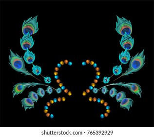 Peacock feather color embroidery. Vector illustration.