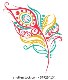 Peacock feather, colored drawing on a white background