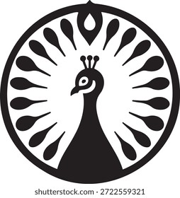 Peacock Feather Crown Circular Black and White Artistic Design for Logos Tattoos and Cultural Symbols