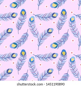 Peacock feather design seamless pattern. Vector illustration for fabric textile wallpaper.