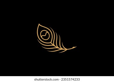 Logotipo de oro de la pluma de pavo real con estilo de diseño de arte de línea