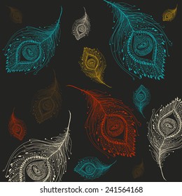 Peacock feather in grey background. Vector illustration.
