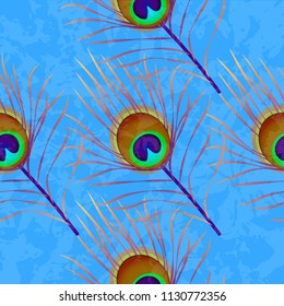 Peacock feather. Grunge texture. Seamless pattern East style. Blue background