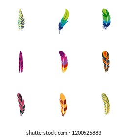 Peacock feather icon set. Flat set of 9 peacock feather vector icons for web design
