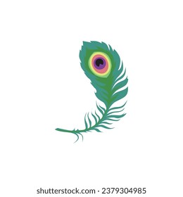 Peacock feather isolated flat vector illustration. Blue curved plume decorative element.