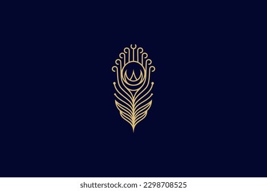 peacock feather line art style logo with golden color