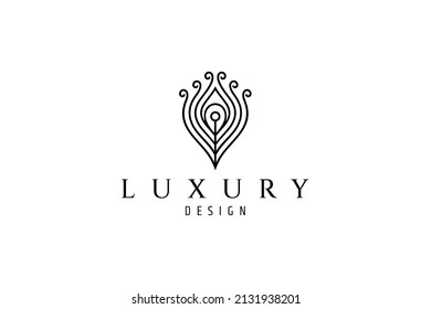 Peacock feather logo in luxury line art style.