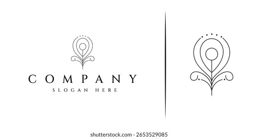 Peacock feather logo with minimalist outline line art design style