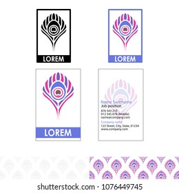 Peacock feather logo vector design with business card template editable and seamless pattern background vector design.Inspiration from piano.